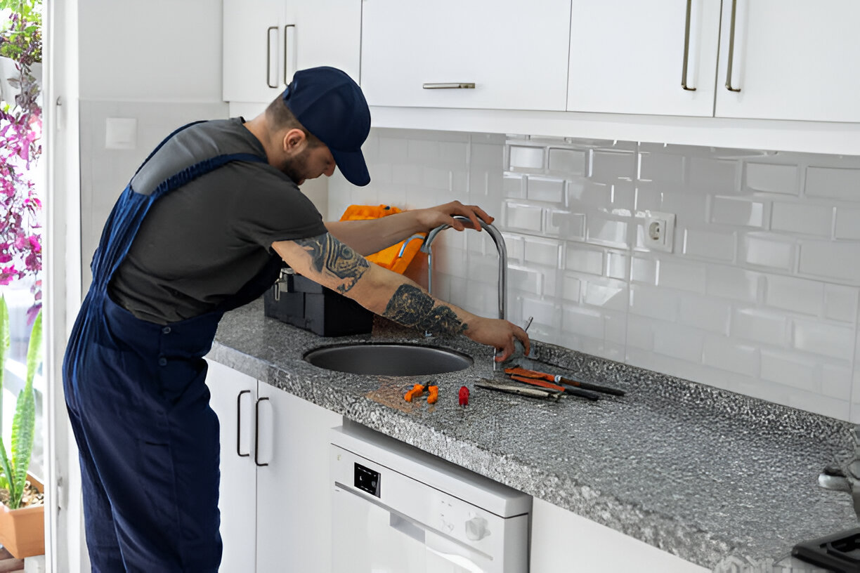 Man's hands working on a kitchen sink