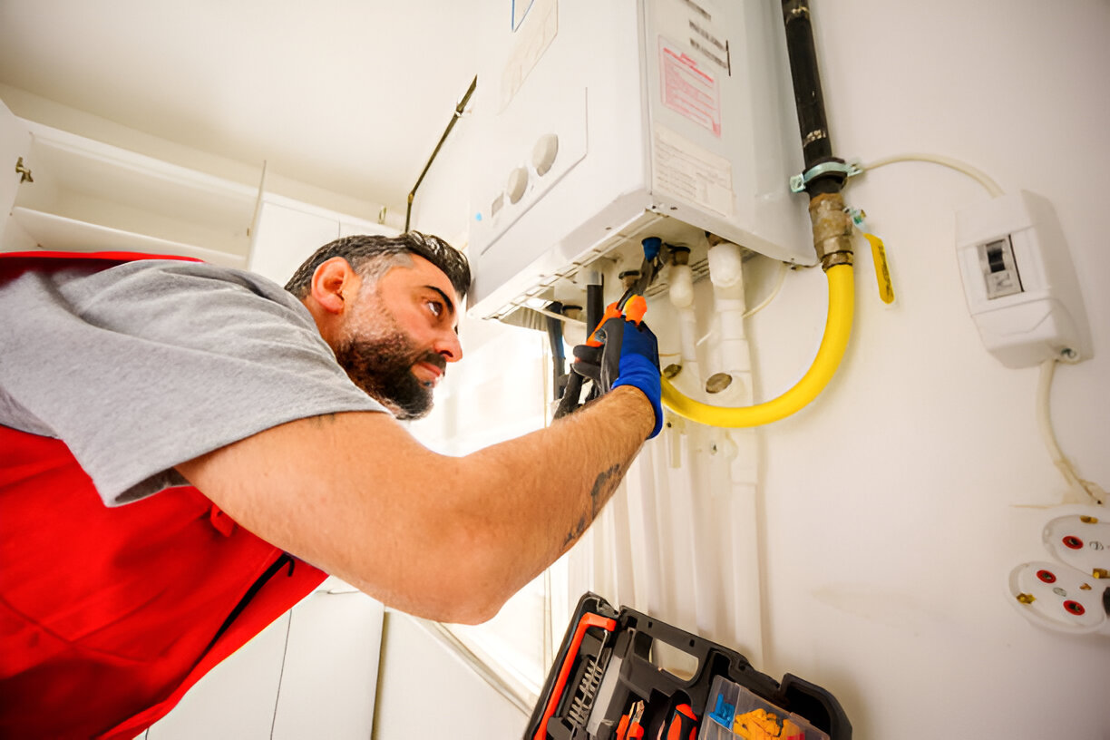 One man repair gas boiler with wrenches, Gas Heating Boiler Service At Home