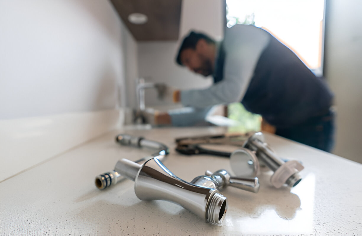 Plumber fixing a leak in the kitchen sink of a house