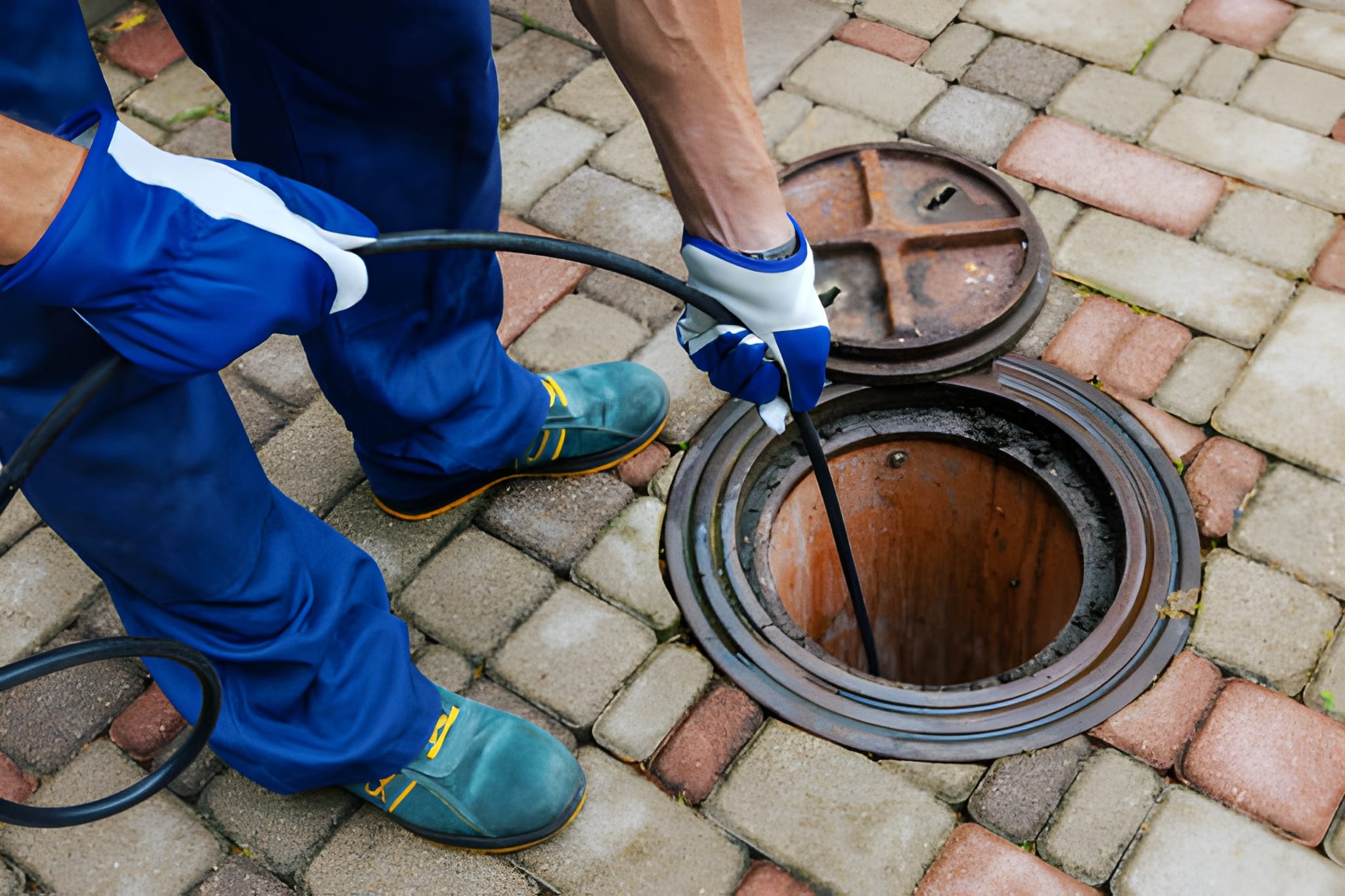 Sewer cleaning service - worker clean a clogged drainage with hydro jetting