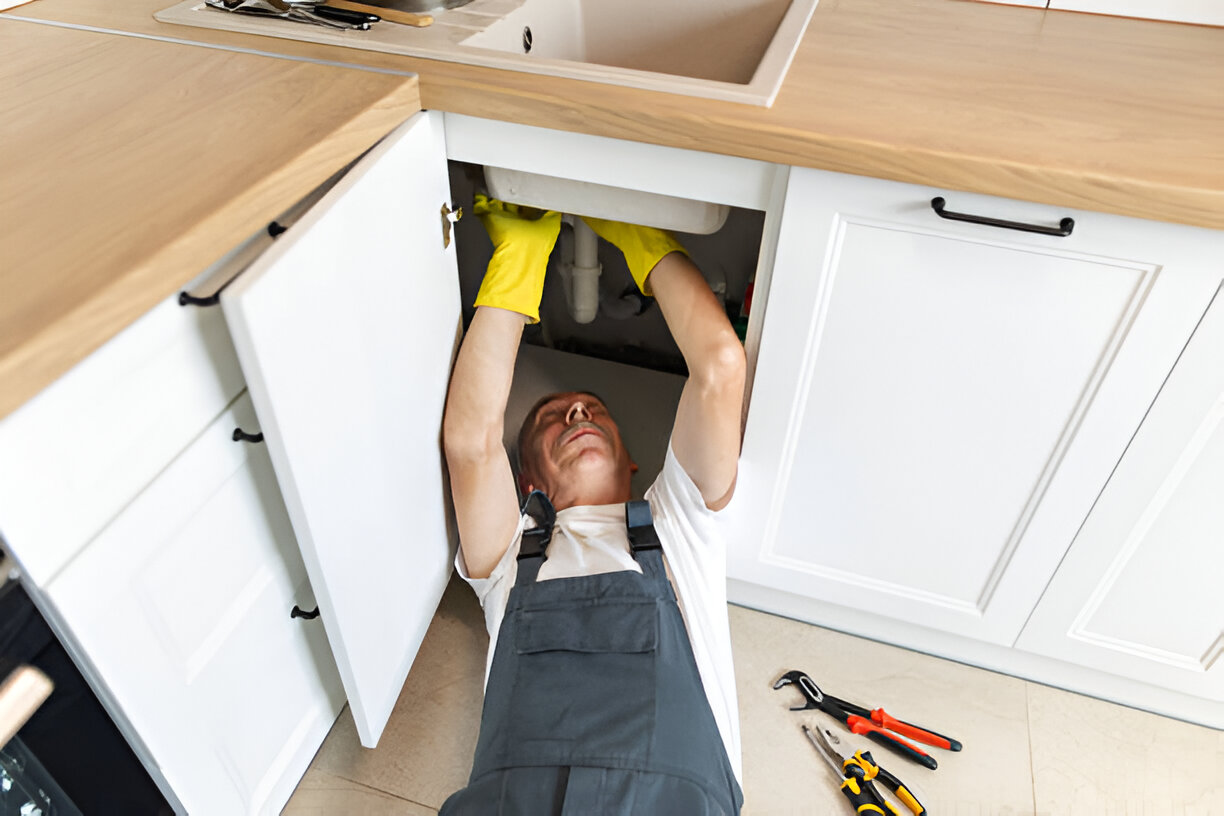 The plumber fixing the sink in the kitchen