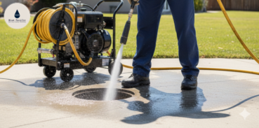 Technician hydro jetting a concrete outdoor drain.