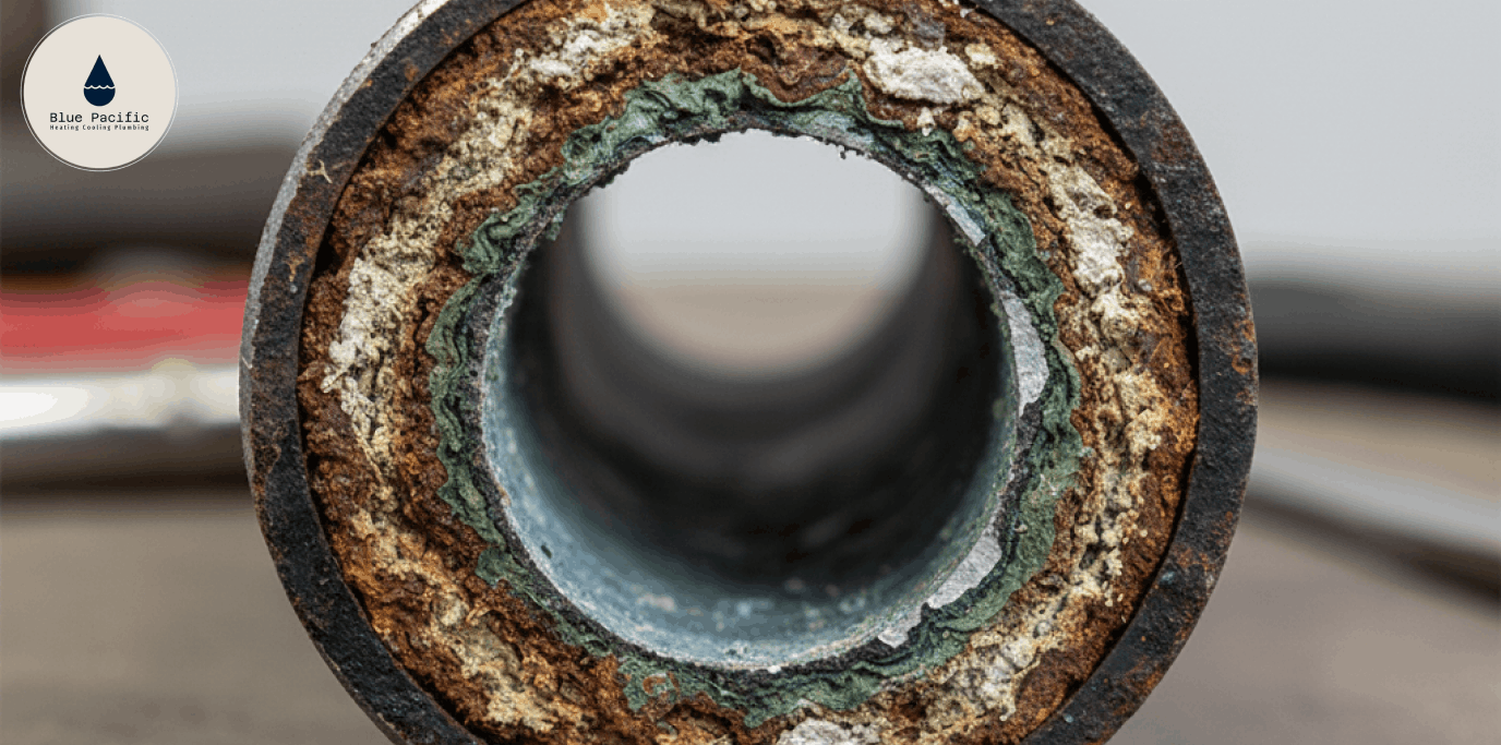 Cross-section of a pipe clogged with mineral buildup, a cause of low water pressure.