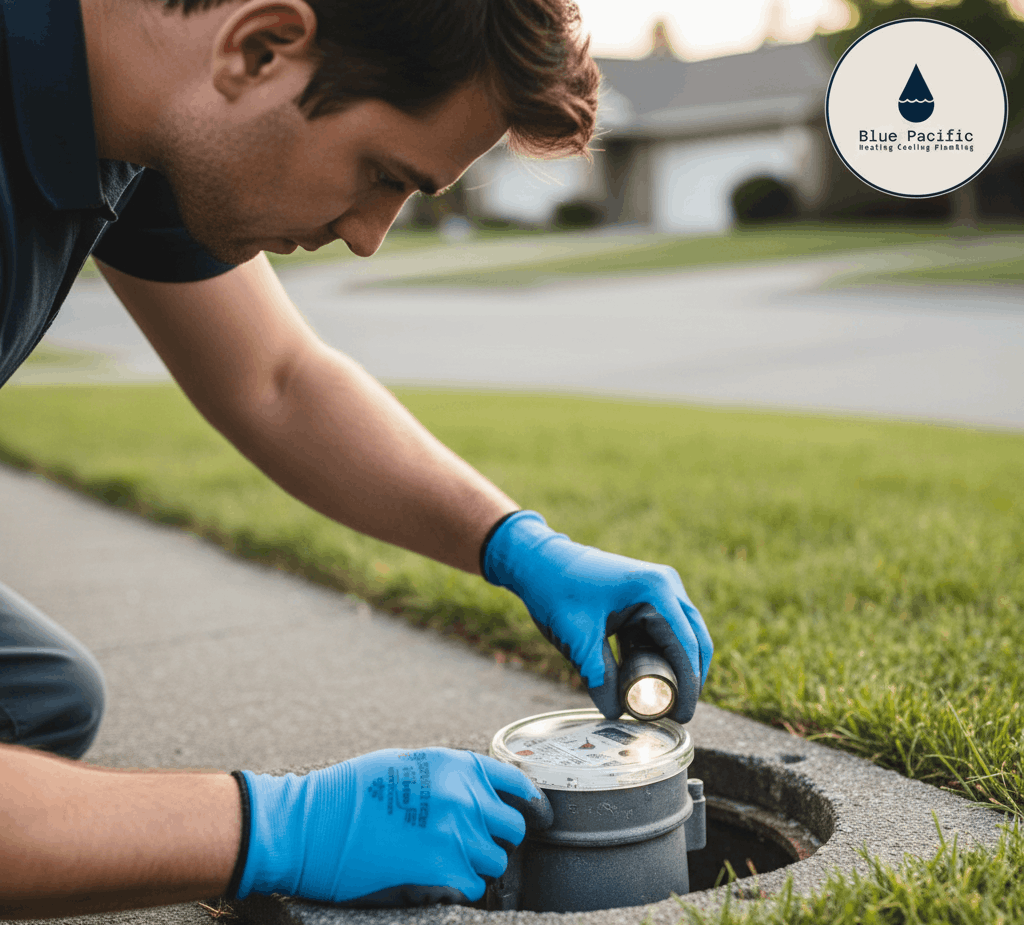 Plumber inspecting a water meter to address low water pressure issues.