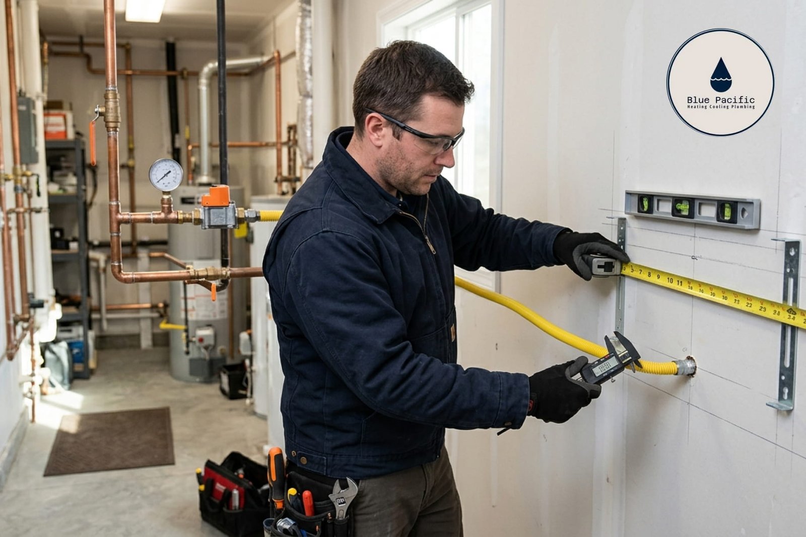 Plumber measuring for installation and heavy-duty tow trucks.