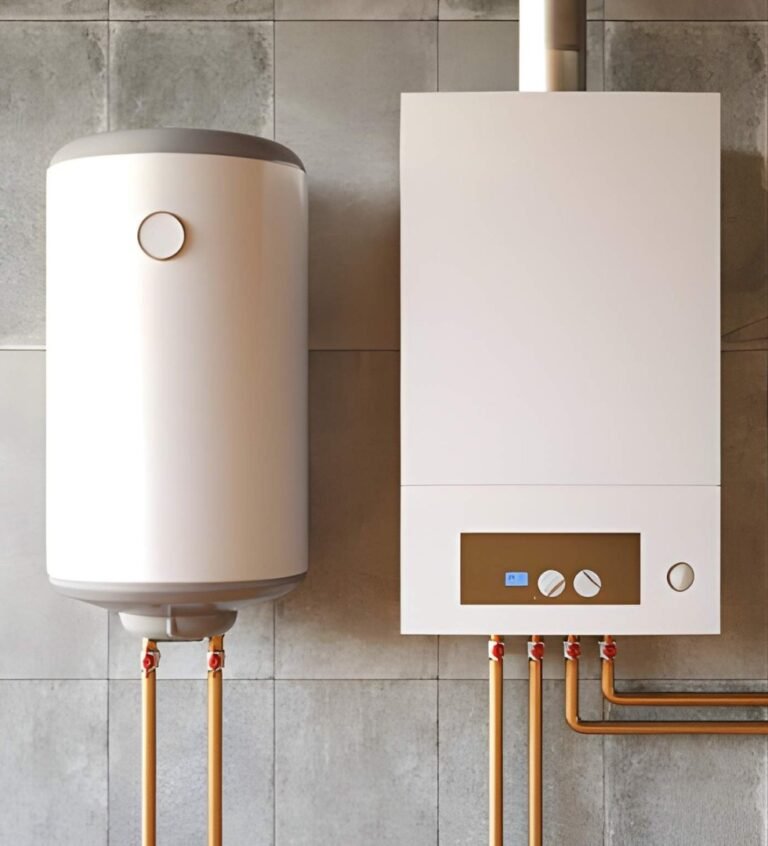 Modern wall-mounted boiler and expansion tank.