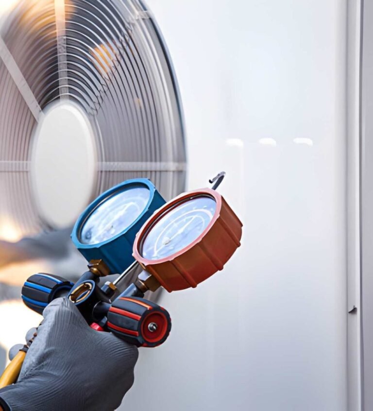 Technician holding pressure gauges near AC unit.