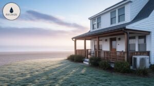 White beach house with porch and ocean view, Blue Pacific Plumbing logo