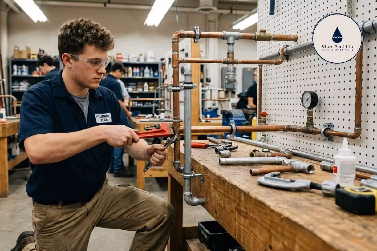 Plumbing student working on copper pipes with tools in a workshop.