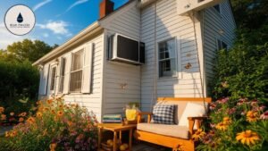 White house with window AC, porch swing, and flowers, Blue Pacific Heating Cooling Plumbing logo