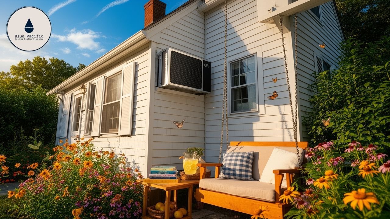 White house with window AC, porch swing, and flowers, Blue Pacific Heating Cooling Plumbing logo