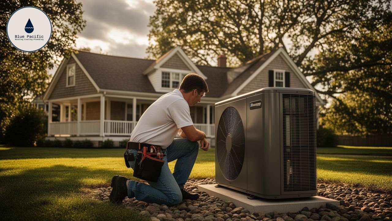 HVAC technician servicing an outdoor AC unit in front of a suburban home.