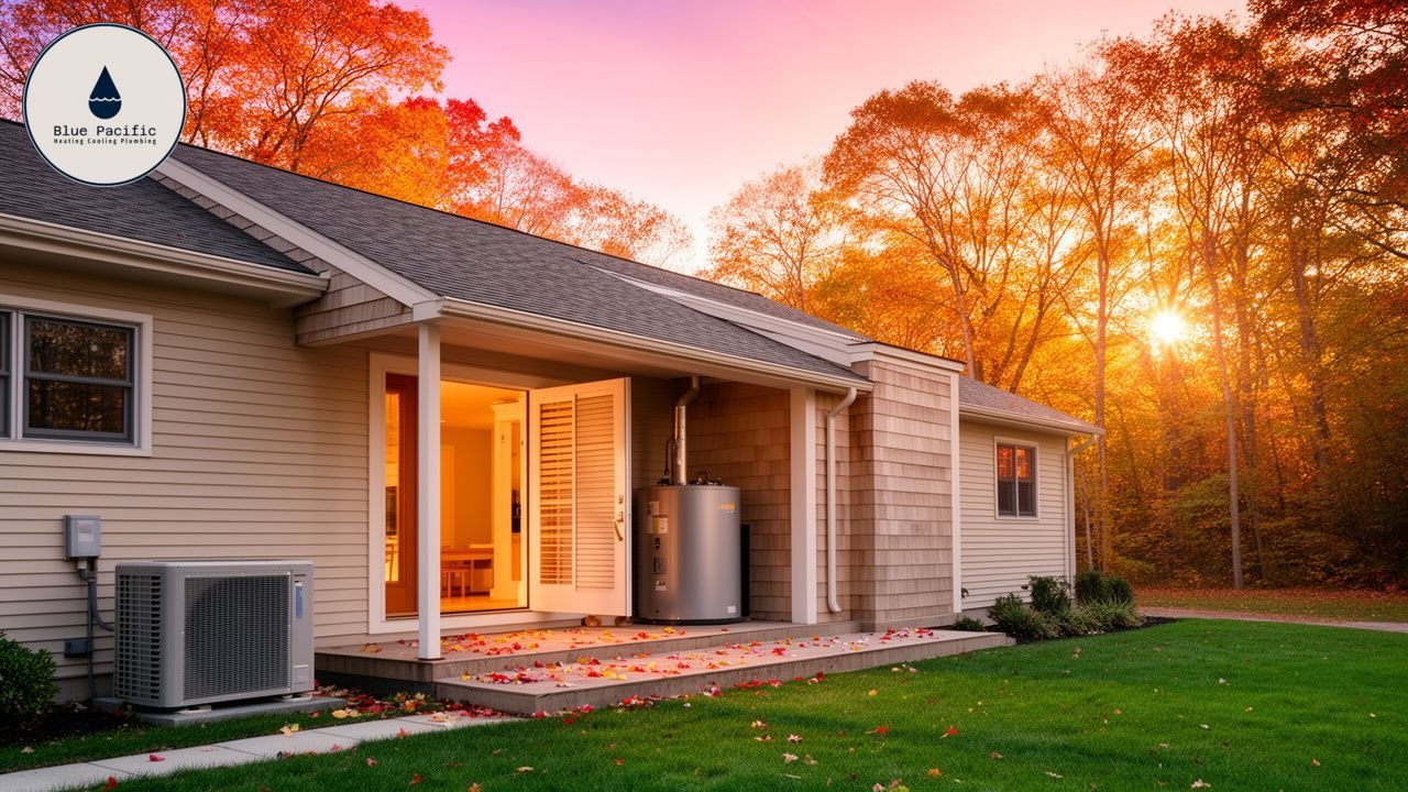 Blue Pacific Heating and Plumbing: Water heater and AC unit outside home during autumn