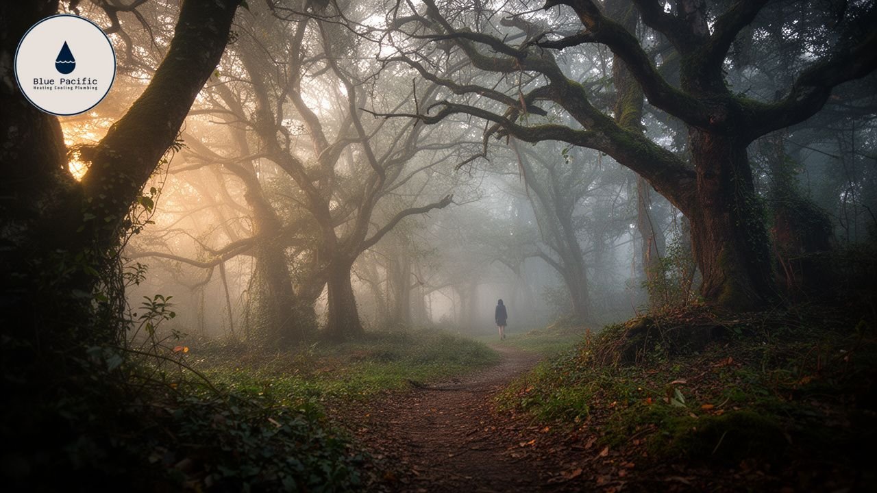 Misty forest path with ancient trees and a lone figure