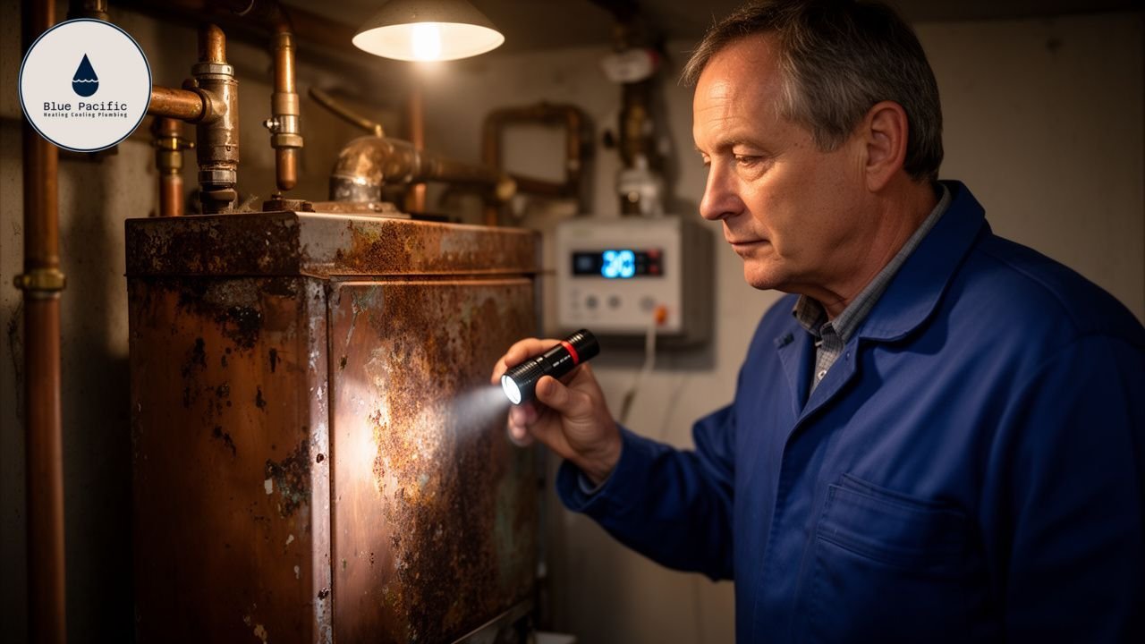 Plumber inspects rusty water heater with flashlight for Blue Pacific Heating & Plumbing.