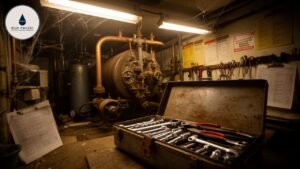 Boiler room with tools, cobwebs, and Blue Pacific Heating Cooling Plumbing logo.