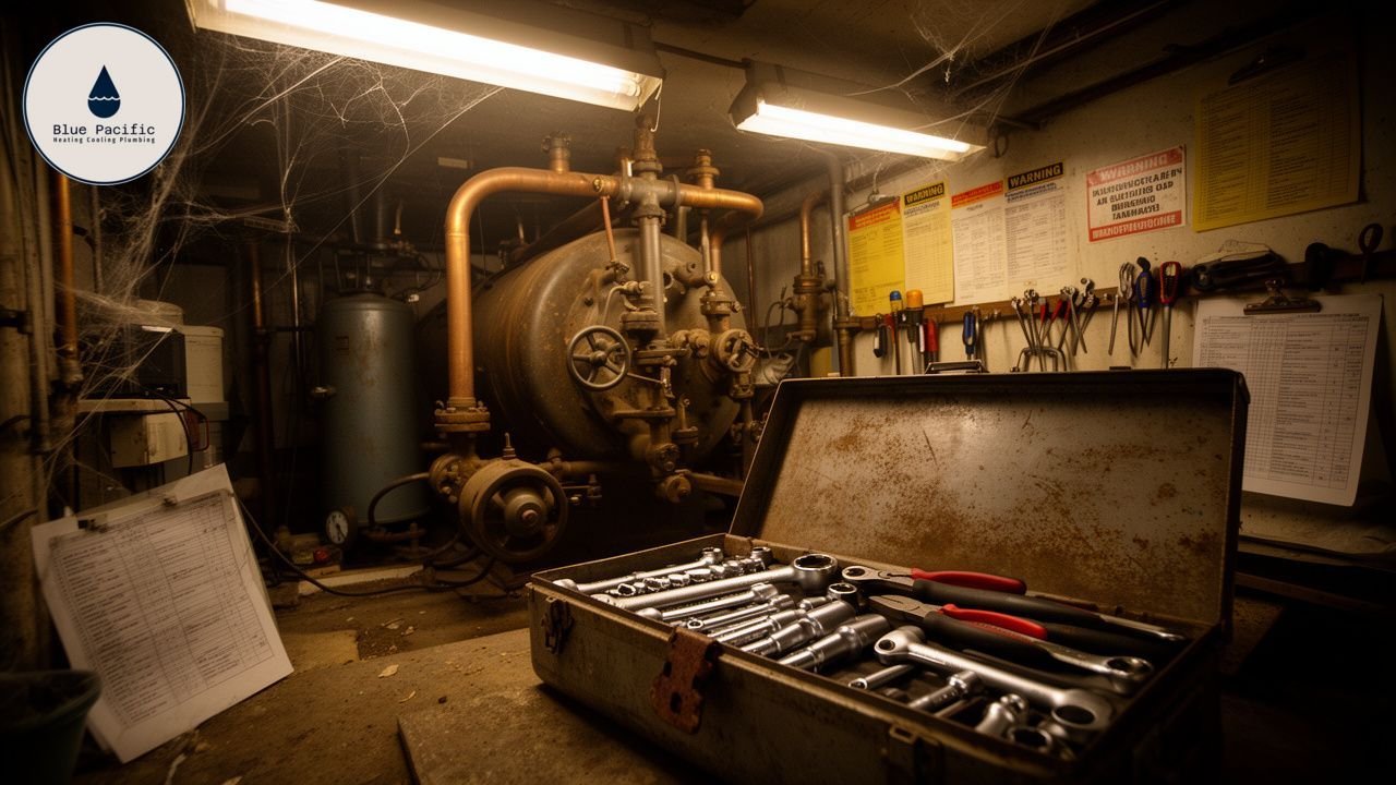 Boiler room with tools, cobwebs, and Blue Pacific Heating Cooling Plumbing logo.