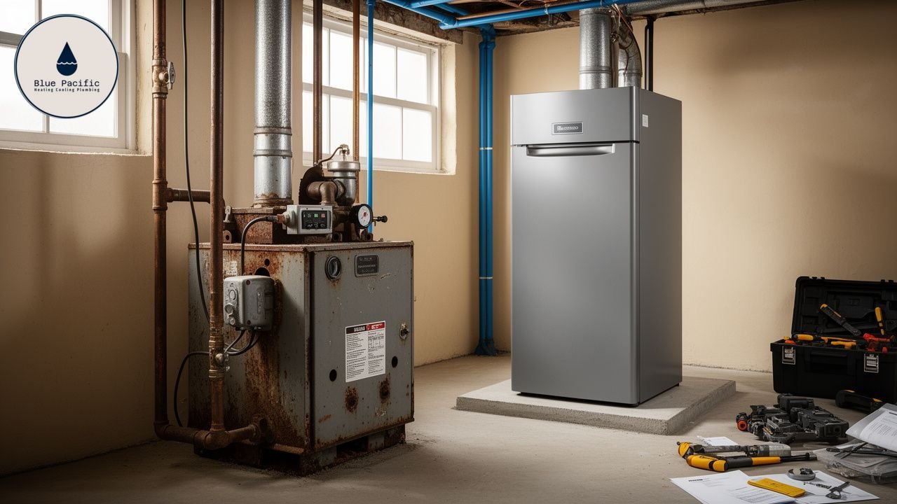 Old furnace replaced by new, efficient heating system in basement