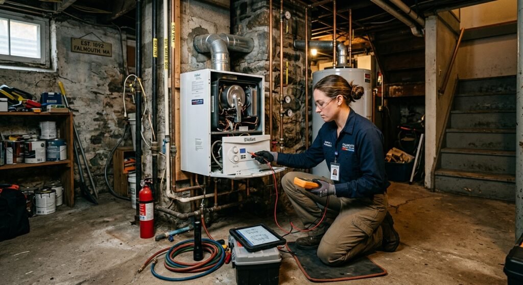 technician inspecting a residential gas boiler in a Falmouth MA basement