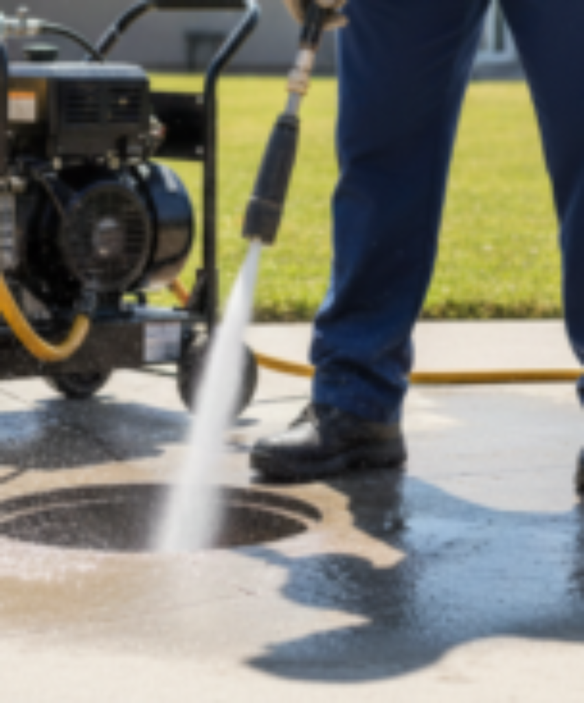 Professional drain cleaning services using a pressure washer on a concrete surface.