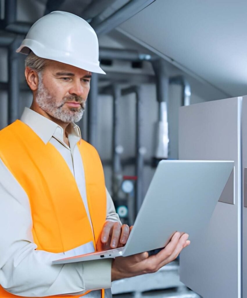 Engineer with laptop inspecting room