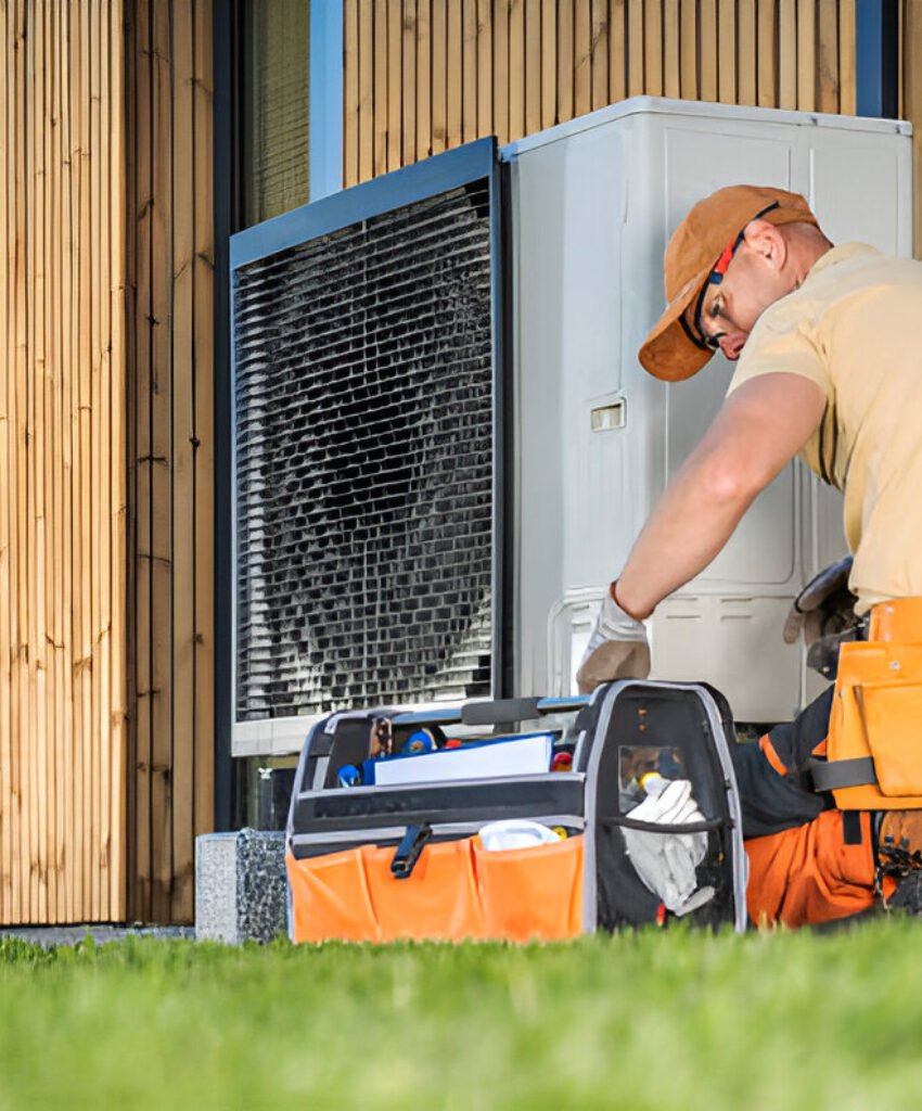 HVAC technician servicing an outdoor heat pump unit next to a modern wooden house.