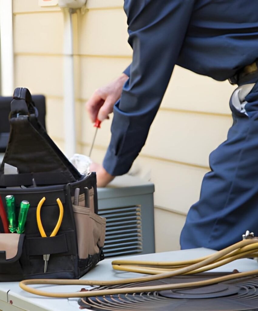 HVAC technician repairing outdoor condenser system.