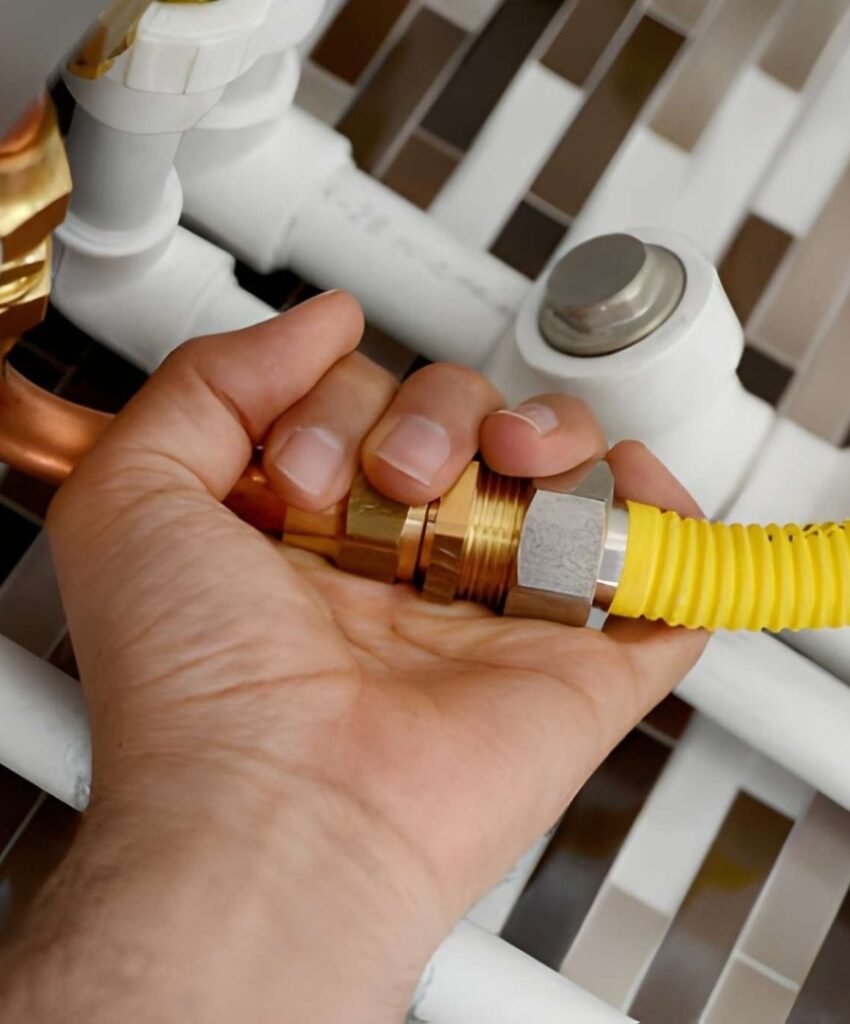 Hand connecting yellow flexible gas line.