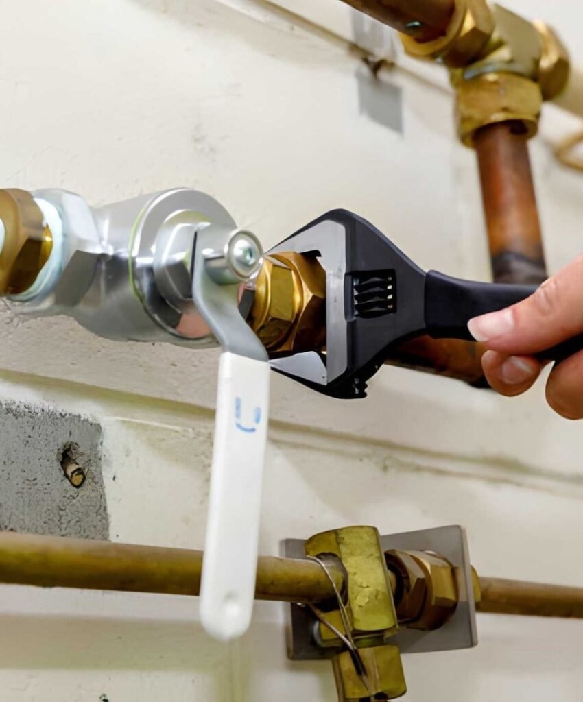 Hand tightening metal pipe with wrench.