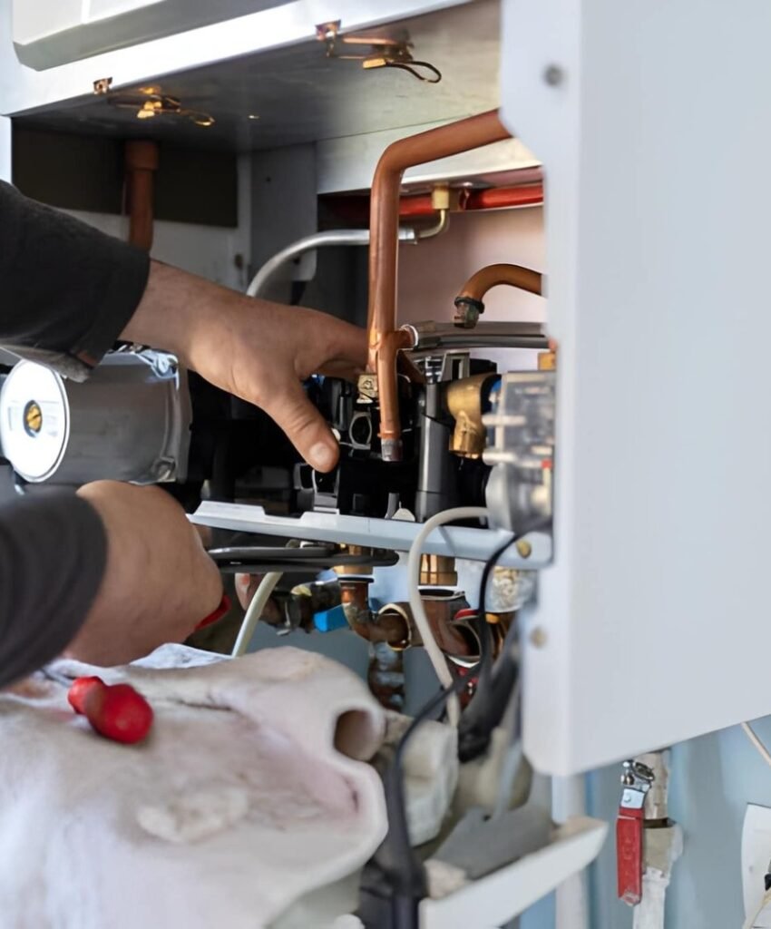 Hands repairing internal wall boiler components.