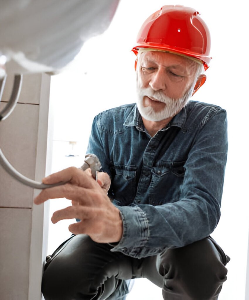 Elderly plumber in red hard hat repairs sink pipes.