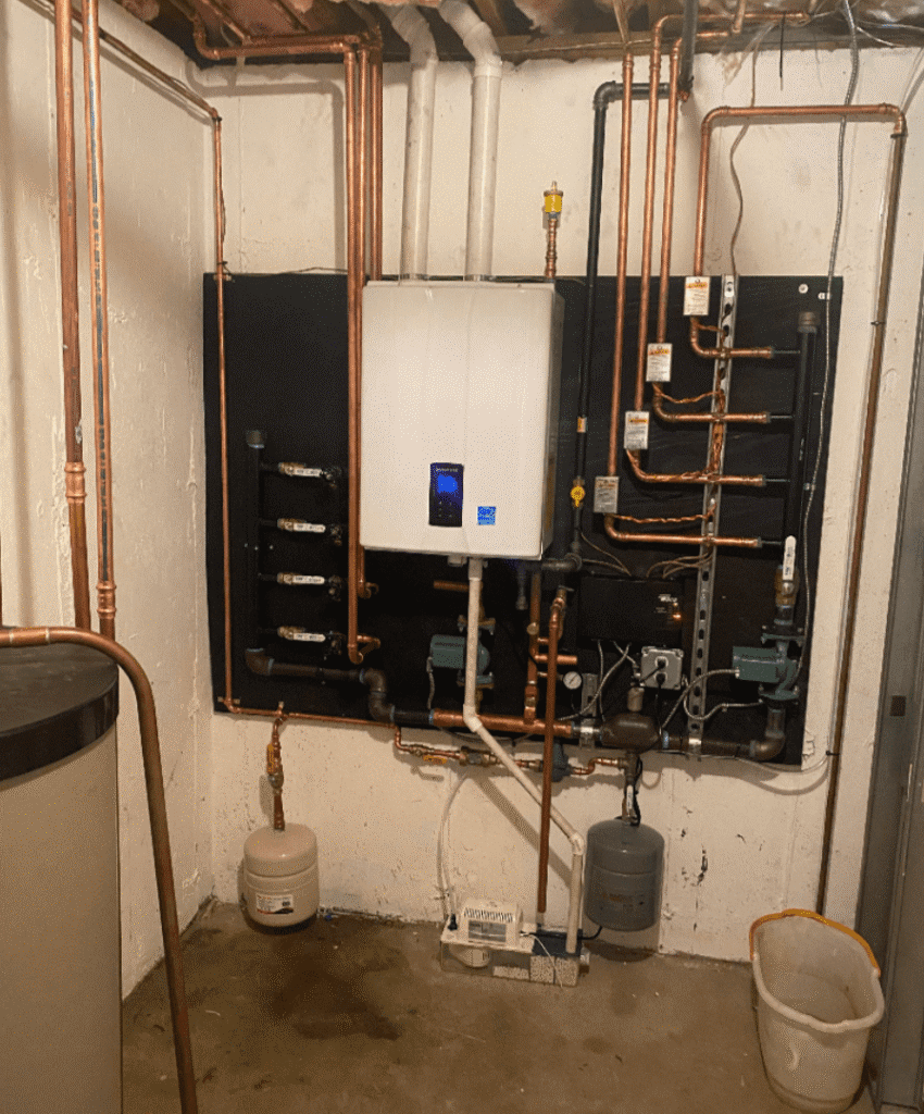 Modern tankless water heater system installation