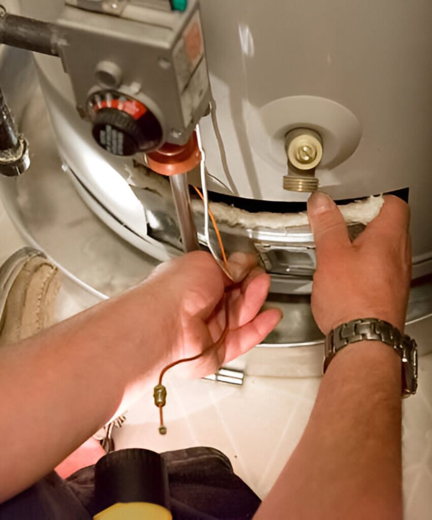 Man shines flashlight on hot water heater
