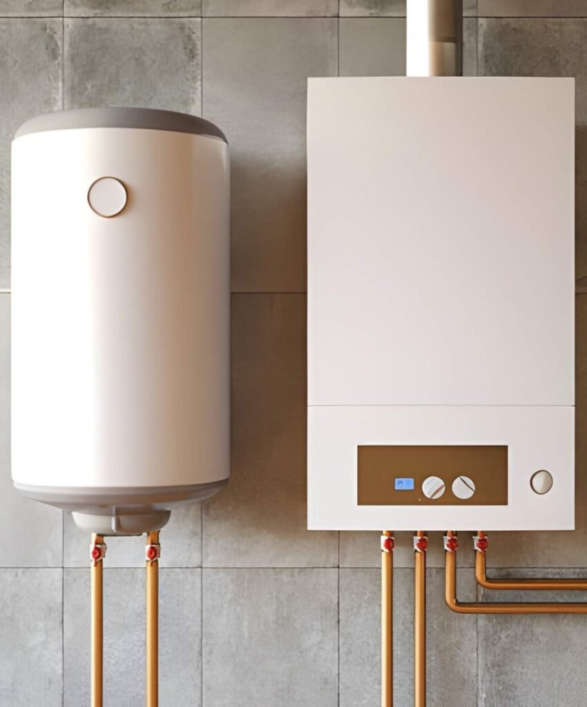 Modern wall-mounted boiler and expansion tank.