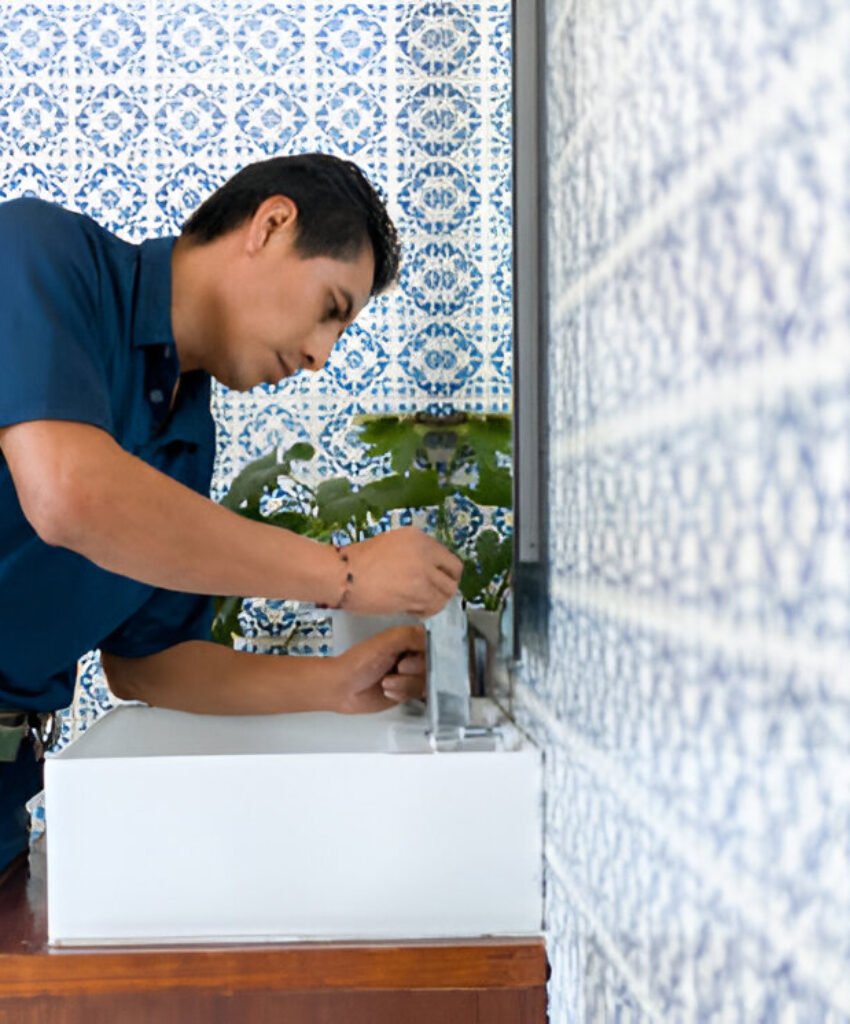 Plumber installing a smart faucet, part of smart plumbing solutions.