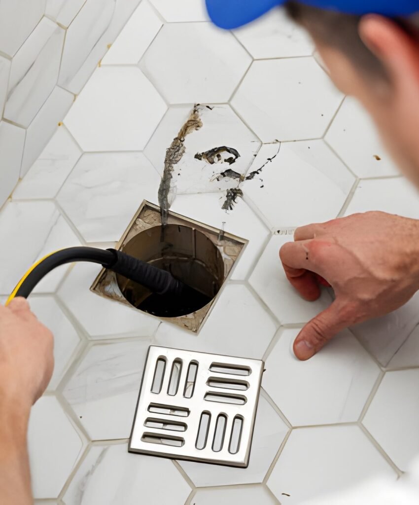Plumber unclogging blocked shower drain with hydro jetting at home bathroom.