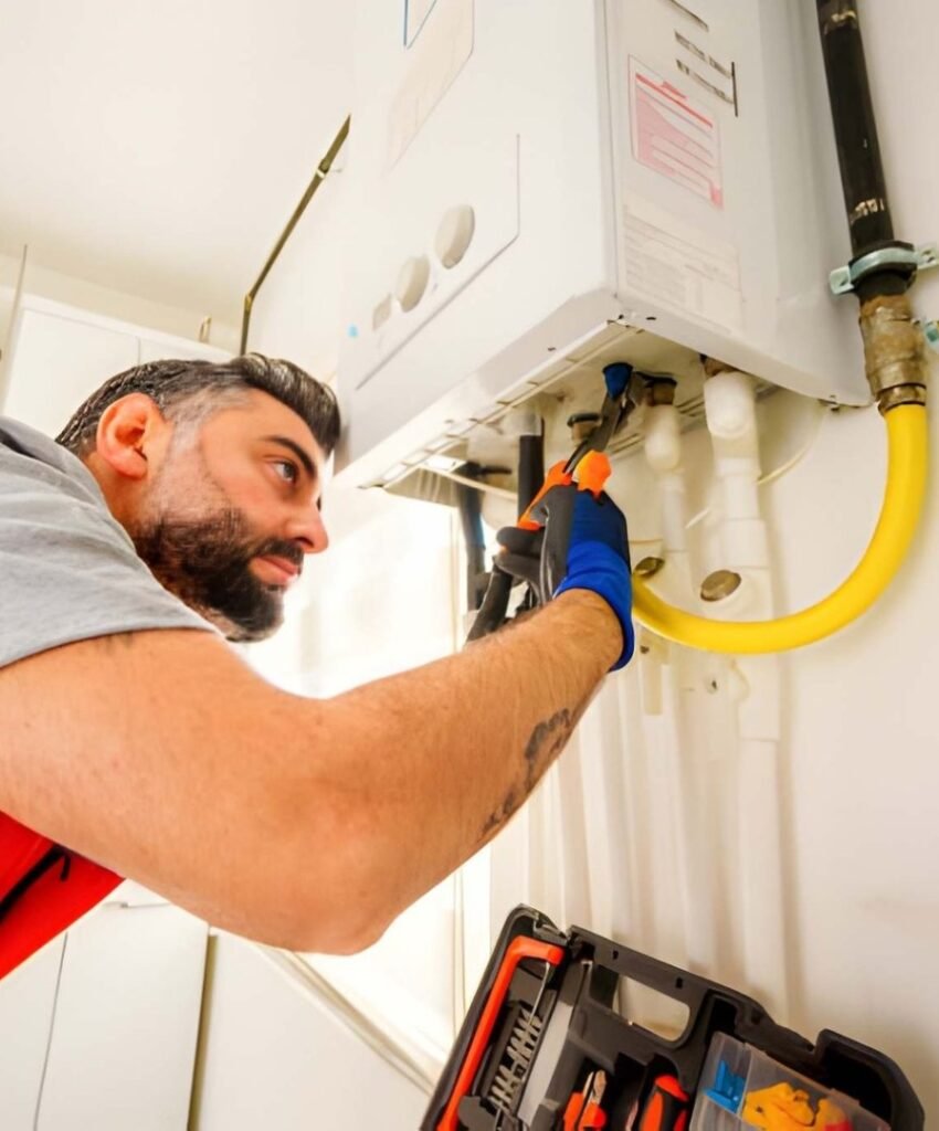 Professional technician repairing wall-mounted boiler.