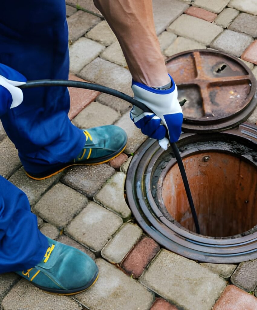 Sewer cleaning service - worker clean a clogged drainage with hydro jetting