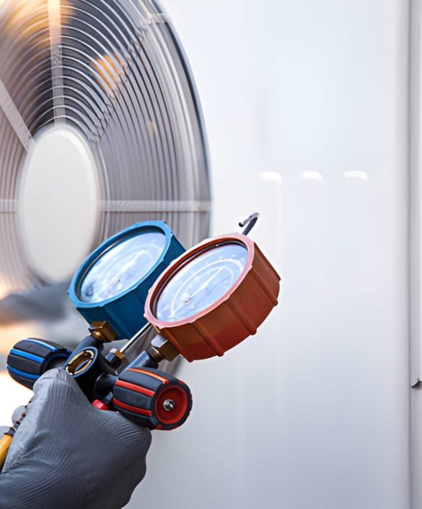 Technician holding pressure gauges near AC unit.
