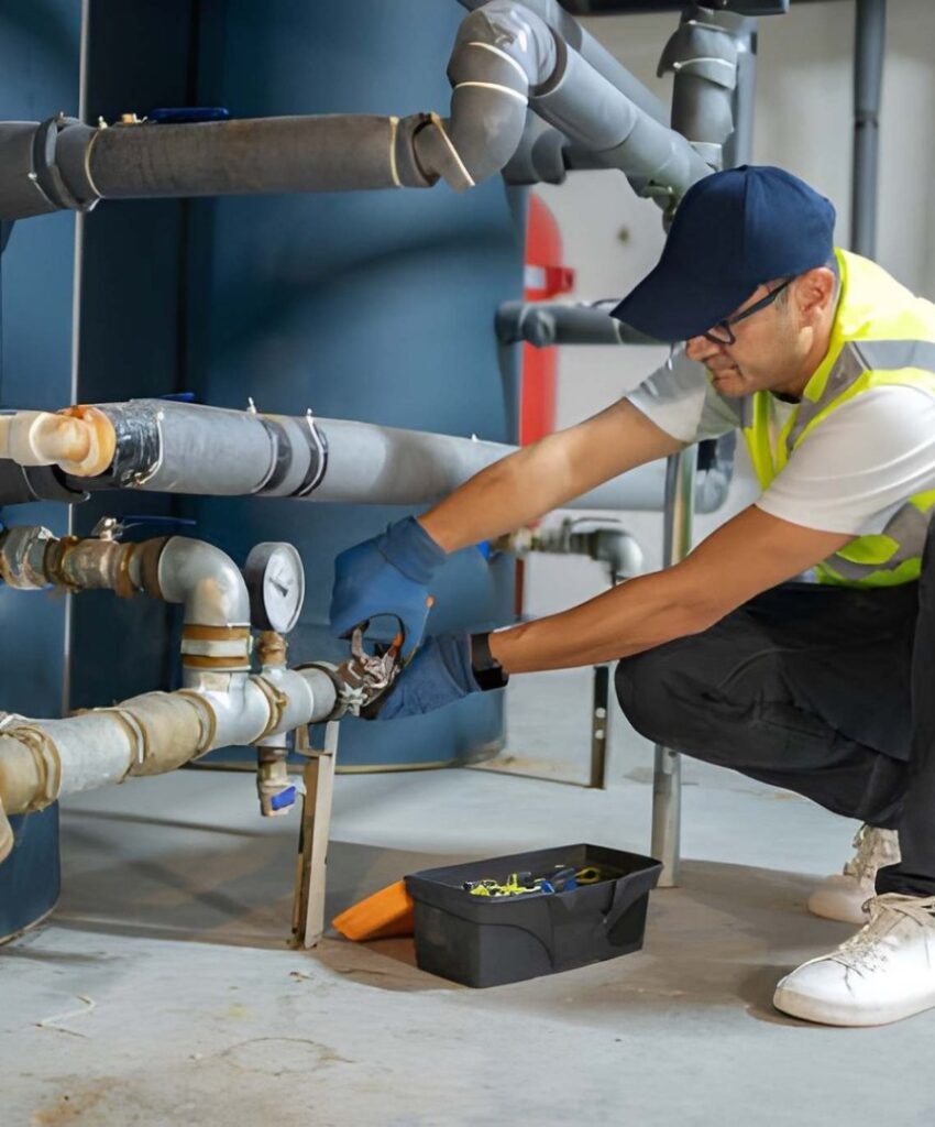 Technician inspecting industrial piping
