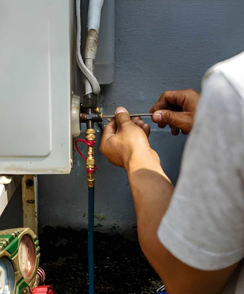 Technician repairing a wall boiler