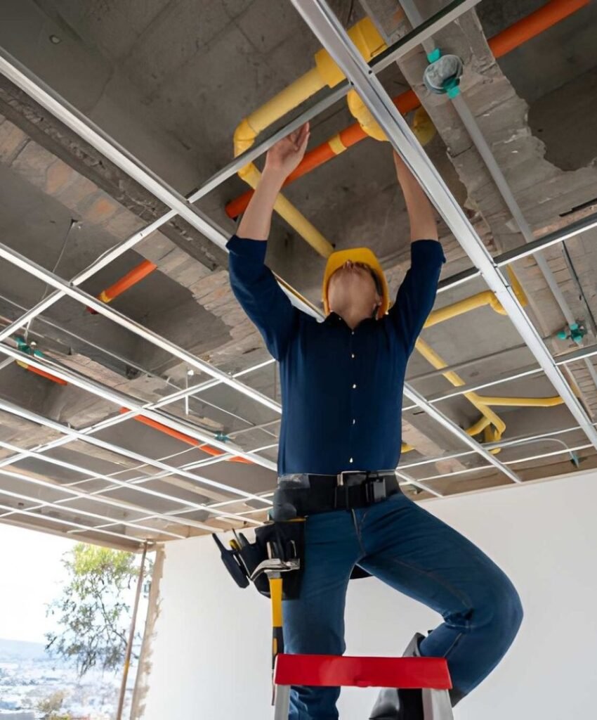 Worker installing ceiling pipes