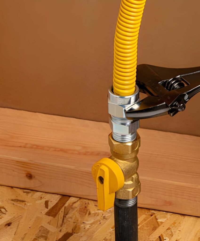 Wrench tightening valve on yellow line.