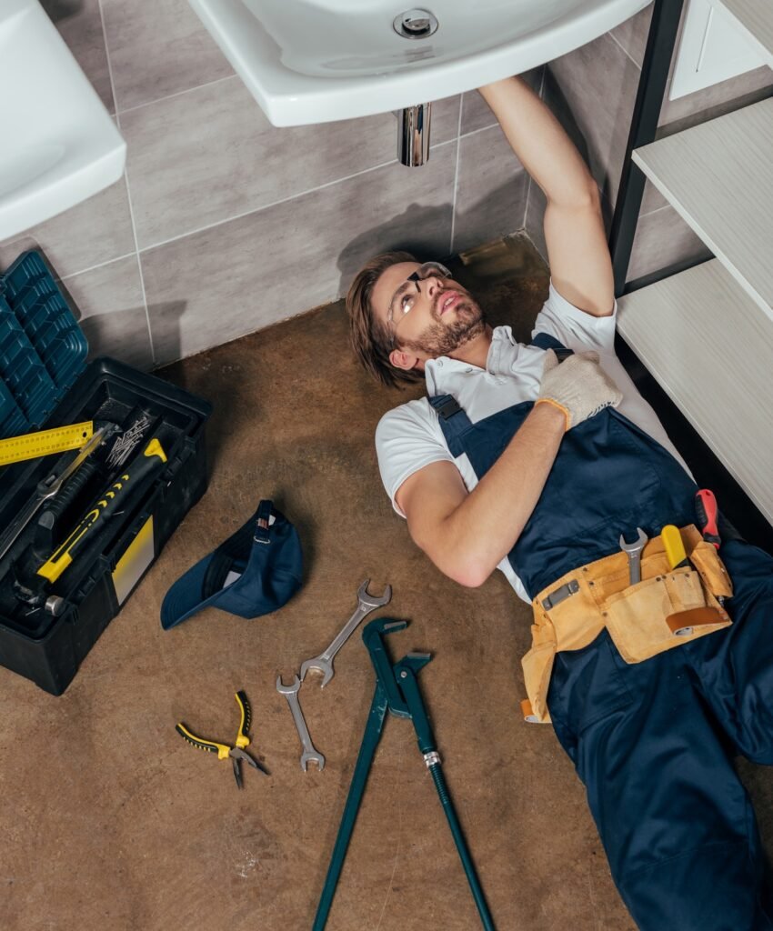 Plumber fixing sink drain while lying on floor with tools