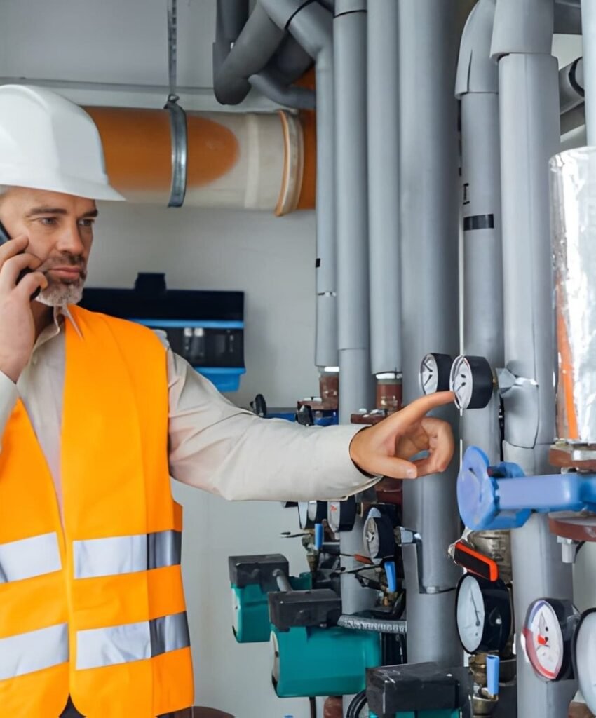 inspector on phone by pipes