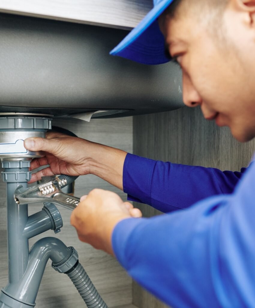 Plumber tightening pipes under kitchen sink carefully