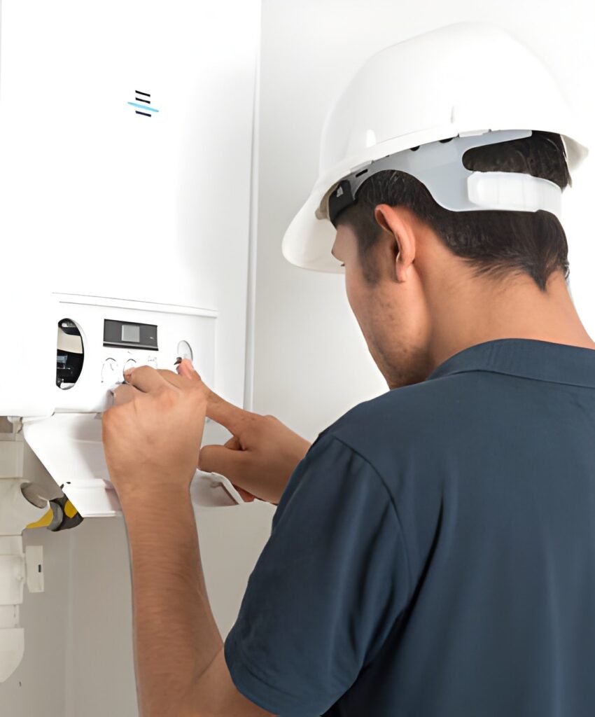 Technician inspects a modern, smart water heater, showcasing future heating technology.